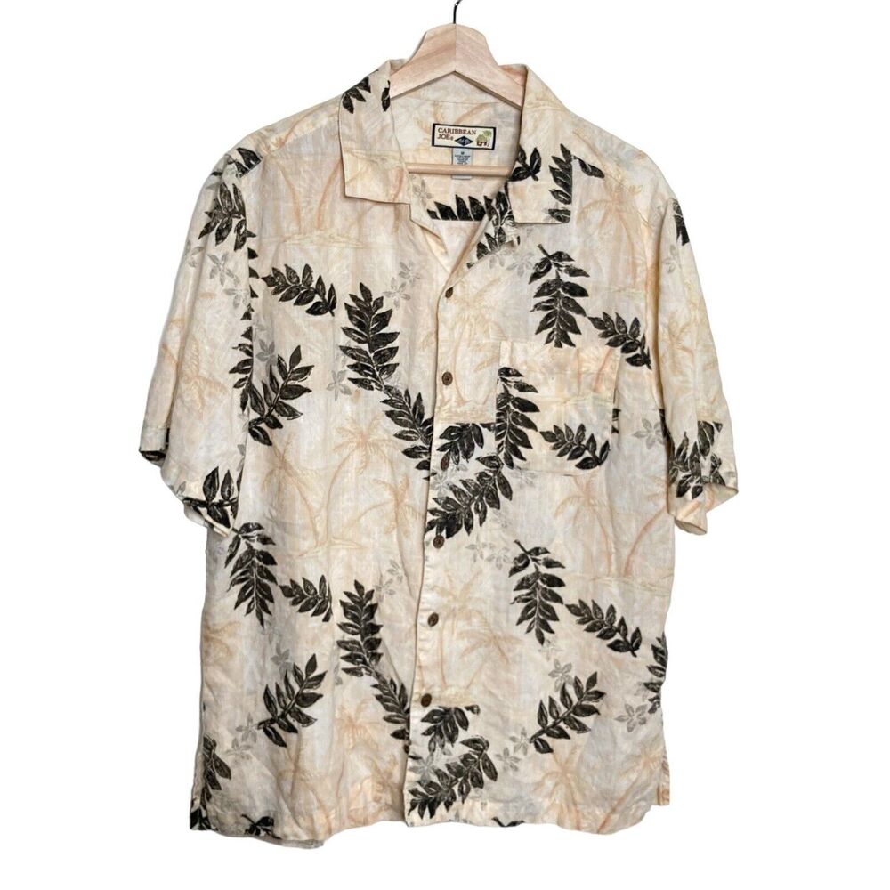Caribbean Joe Mens Medium Linen Shirt Beige Palm Black Leafs Button Up Tropical